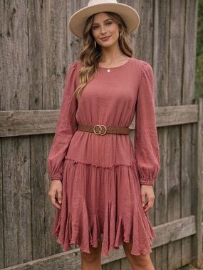 ANRABESS Dusty Rose Gauze Mini Dress Long Sleeve Flowy Boho M